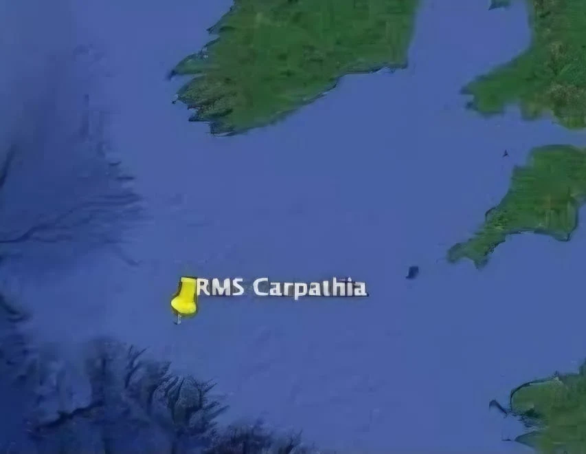 Today, the wreck of the RMS Carpathia lies approximately 120 miles west (southwest) of Fastnet Rock, off the rugged southern coast of Ireland.