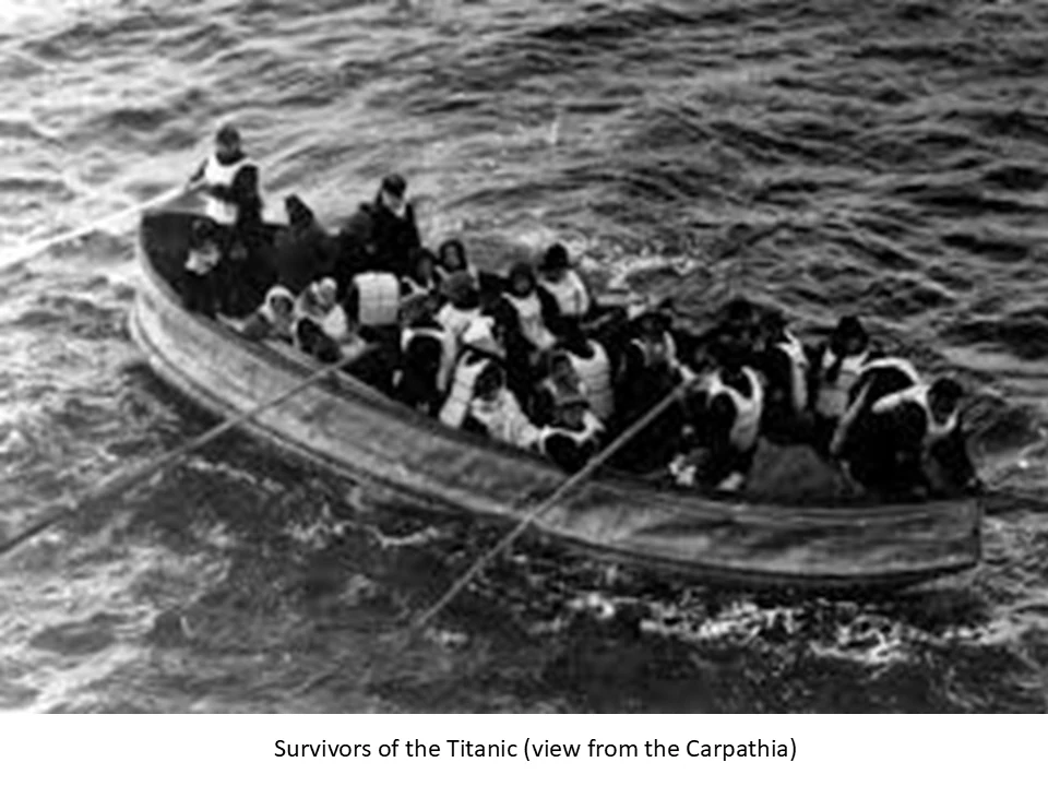 Titanic survivors in a lifeboat photographed from Carpathia
